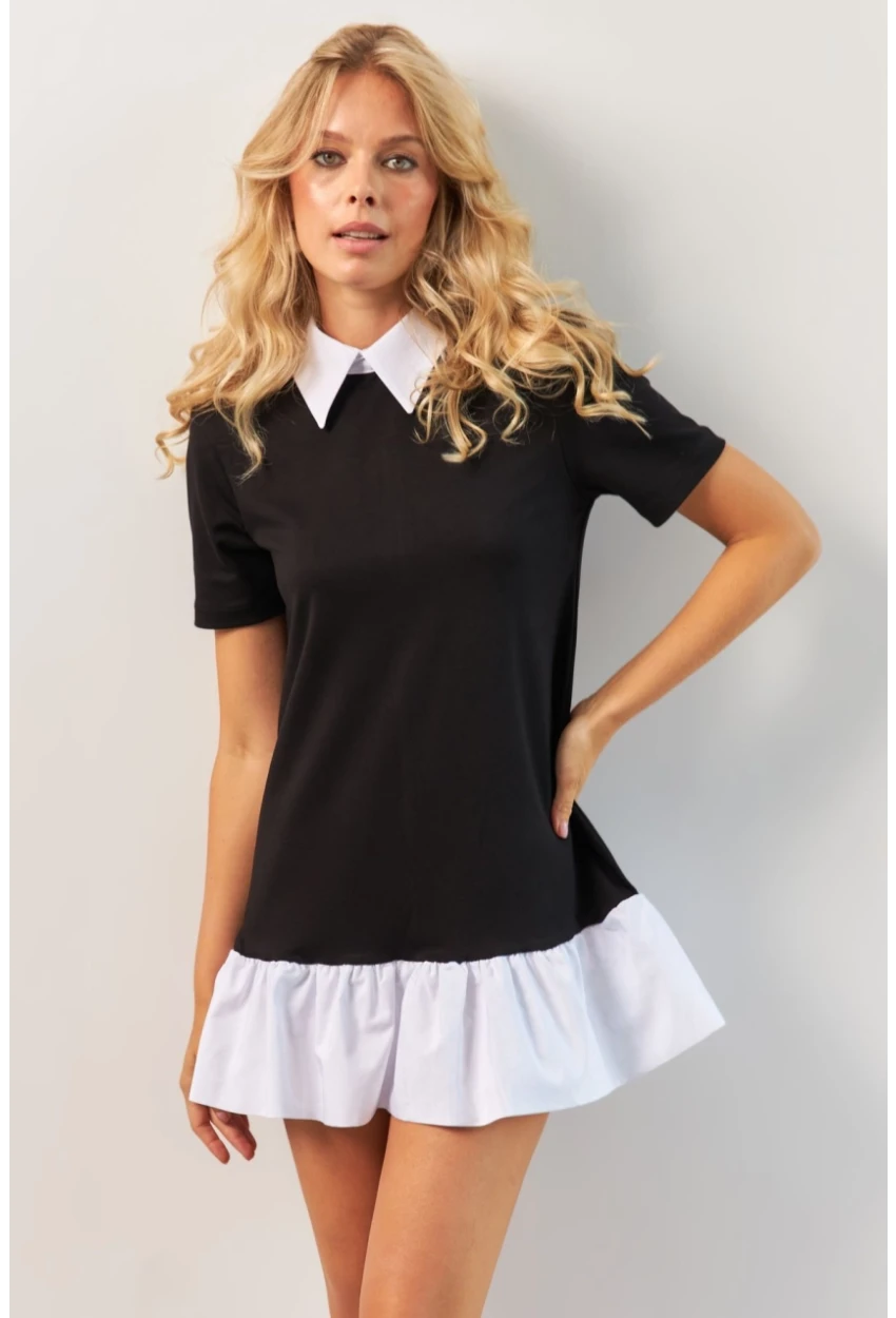 Kadın Siyah Omuzları Vatkalı Volanlı Mini Elbise KED4247