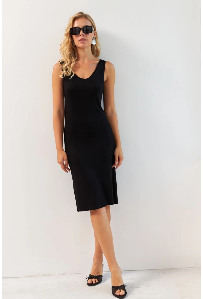 Kadın Siyah Ön Arka V Midi Elbise RX440