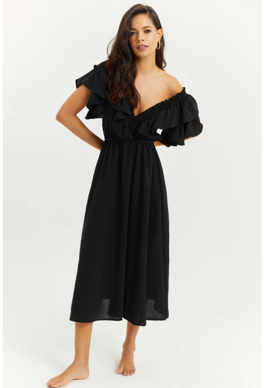 Kadın Siyah Ön Arka V Volanlı Elbise KS113