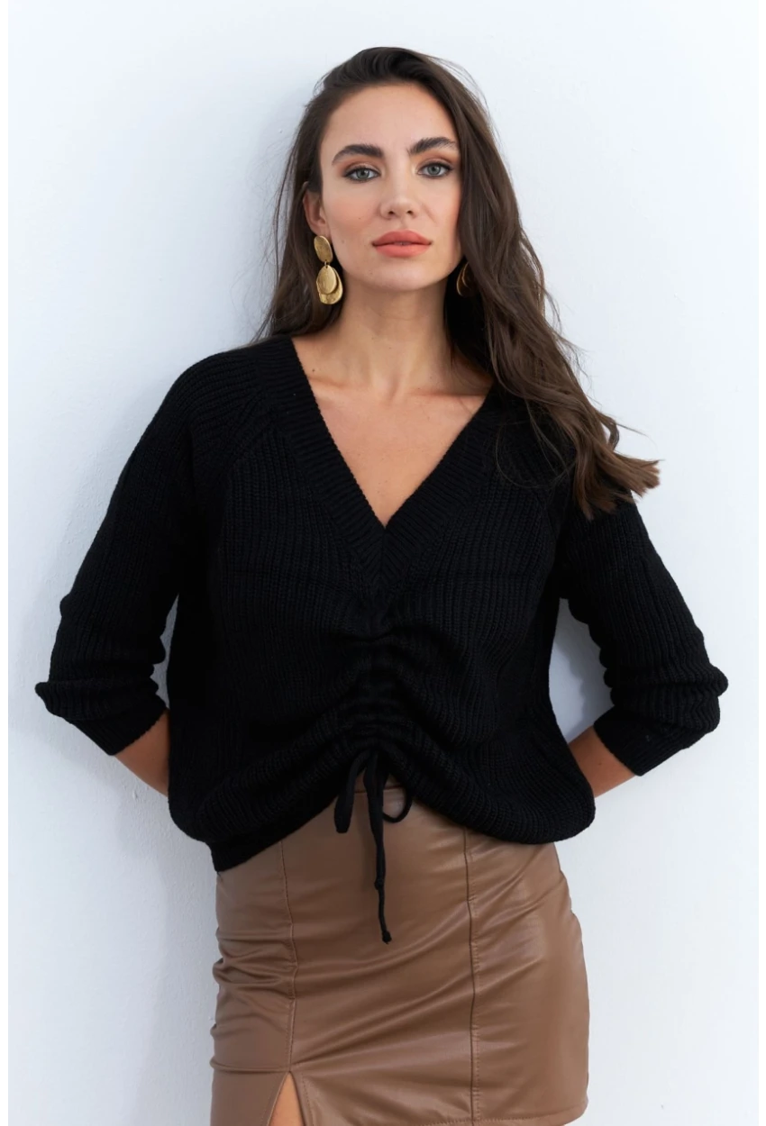 Kadın Siyah Önü Arka V Önü Büzgülü Kazak KAZ29