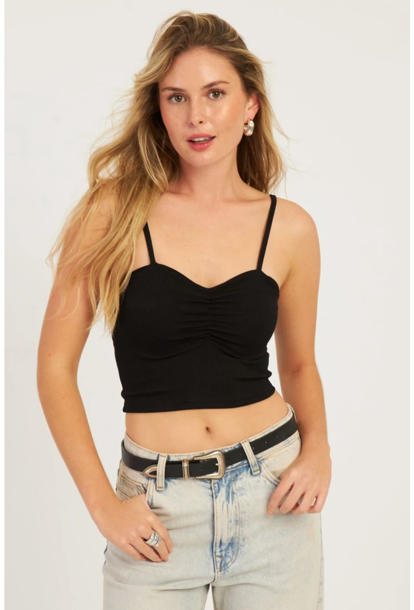 Kadın Siyah Önü Büzgülü Crop Bluz CG339