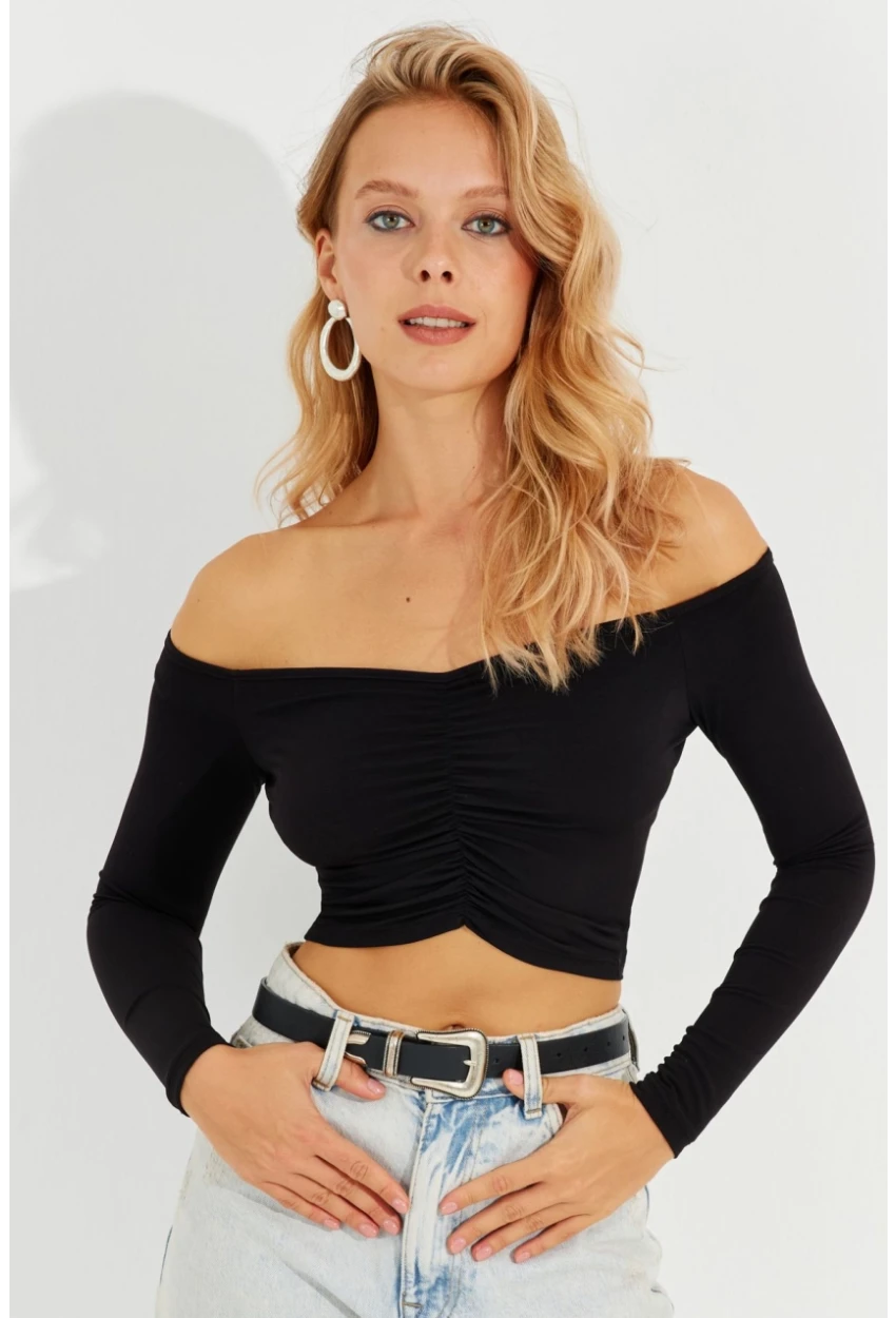 Kadın Siyah Önü Büzgülü V Yaka Crop Bluz B1977