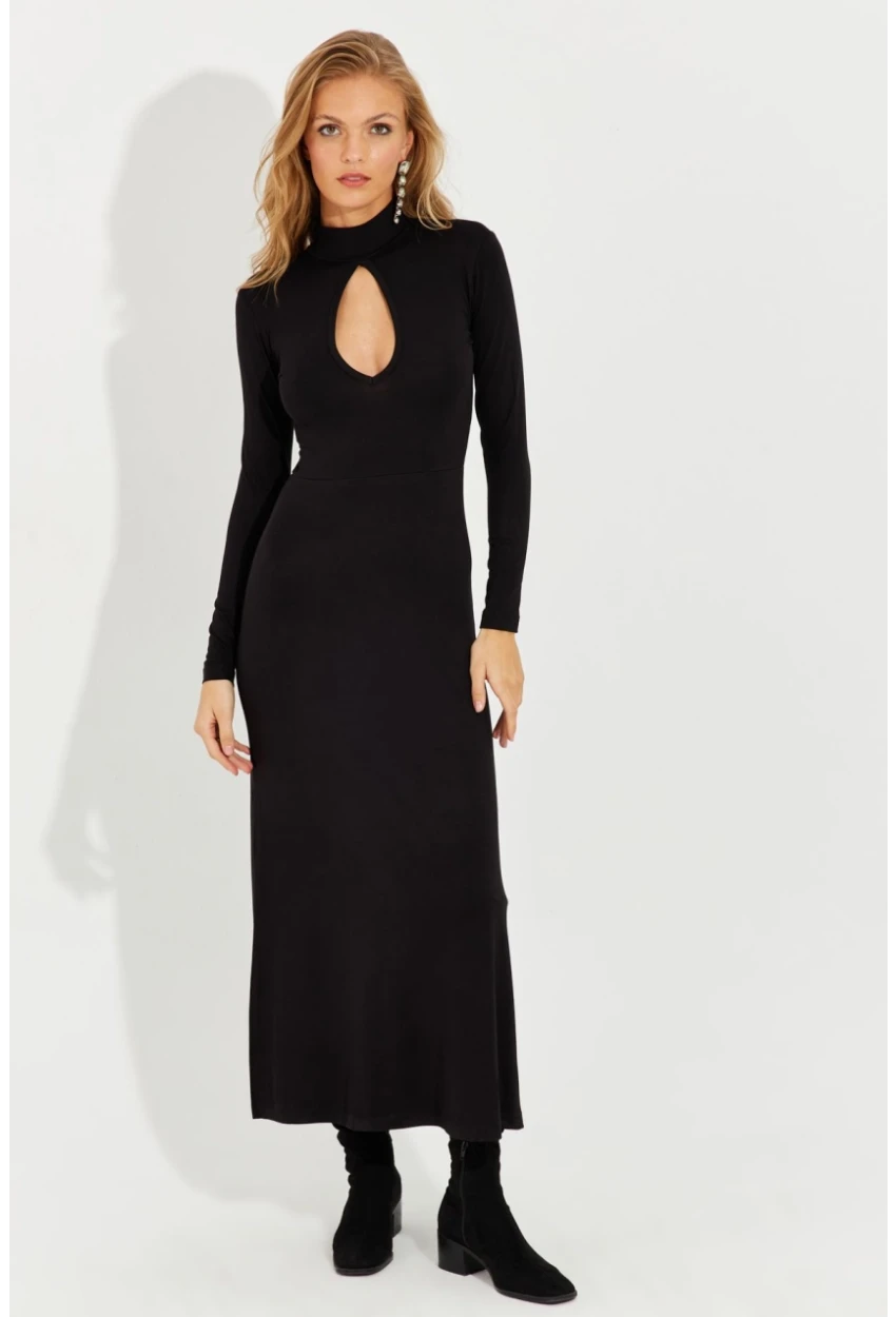 Kadın Siyah Önü Damla Yırtmaçlı Midi Elbise EY2575