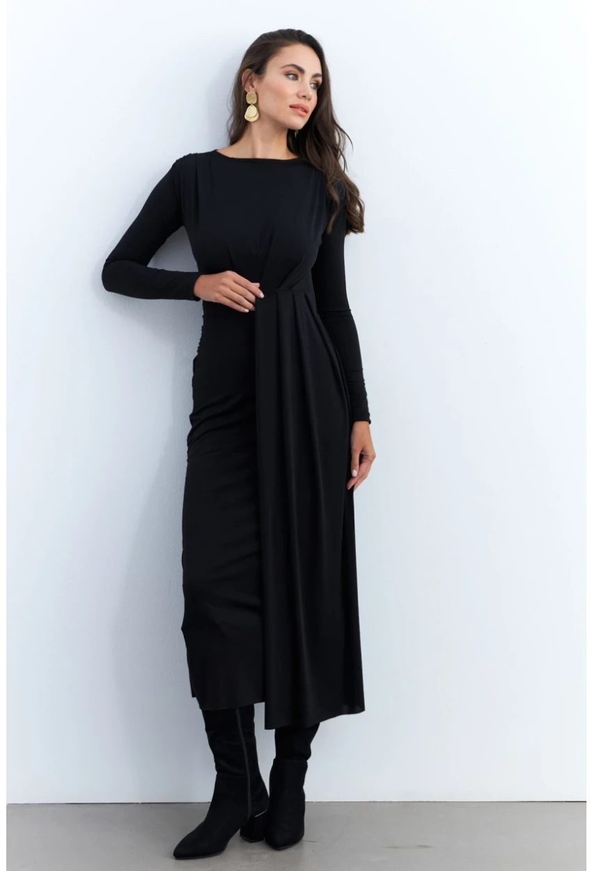 Kadın Siyah Önü Drapeli Maxi Elbise SHR5