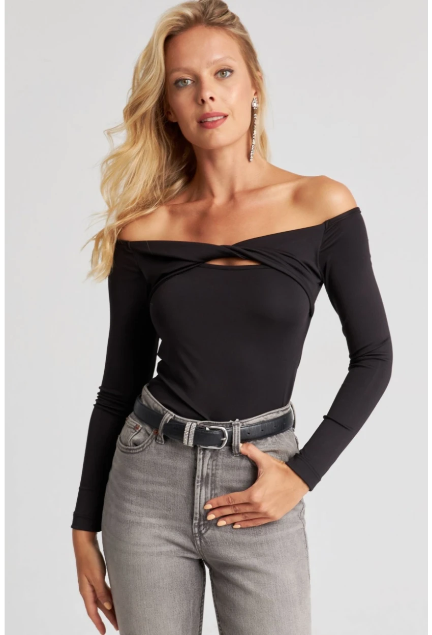 Kadın Siyah Önü Düğümlü Bluz EY2677