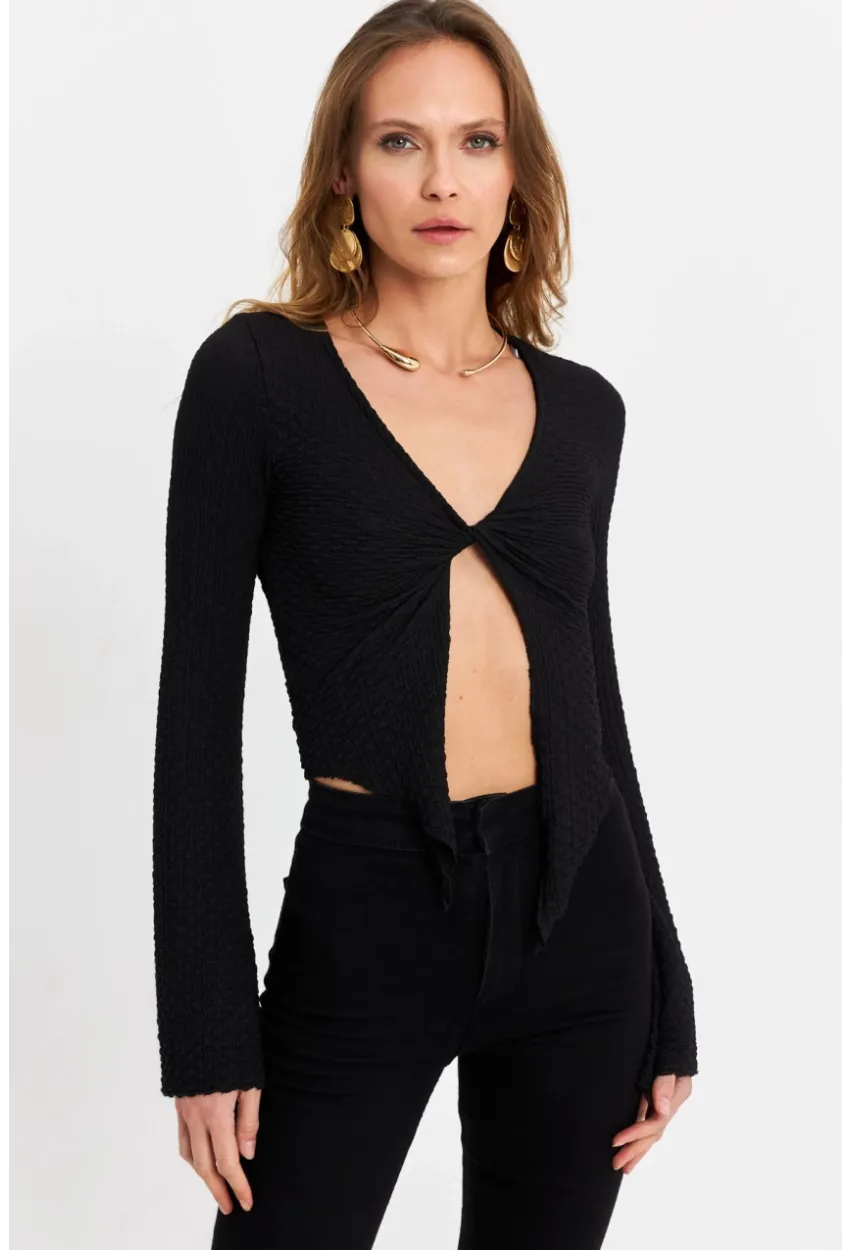 Kadın Siyah Önü Düğümlü İspanyol Kol Bluz SB353