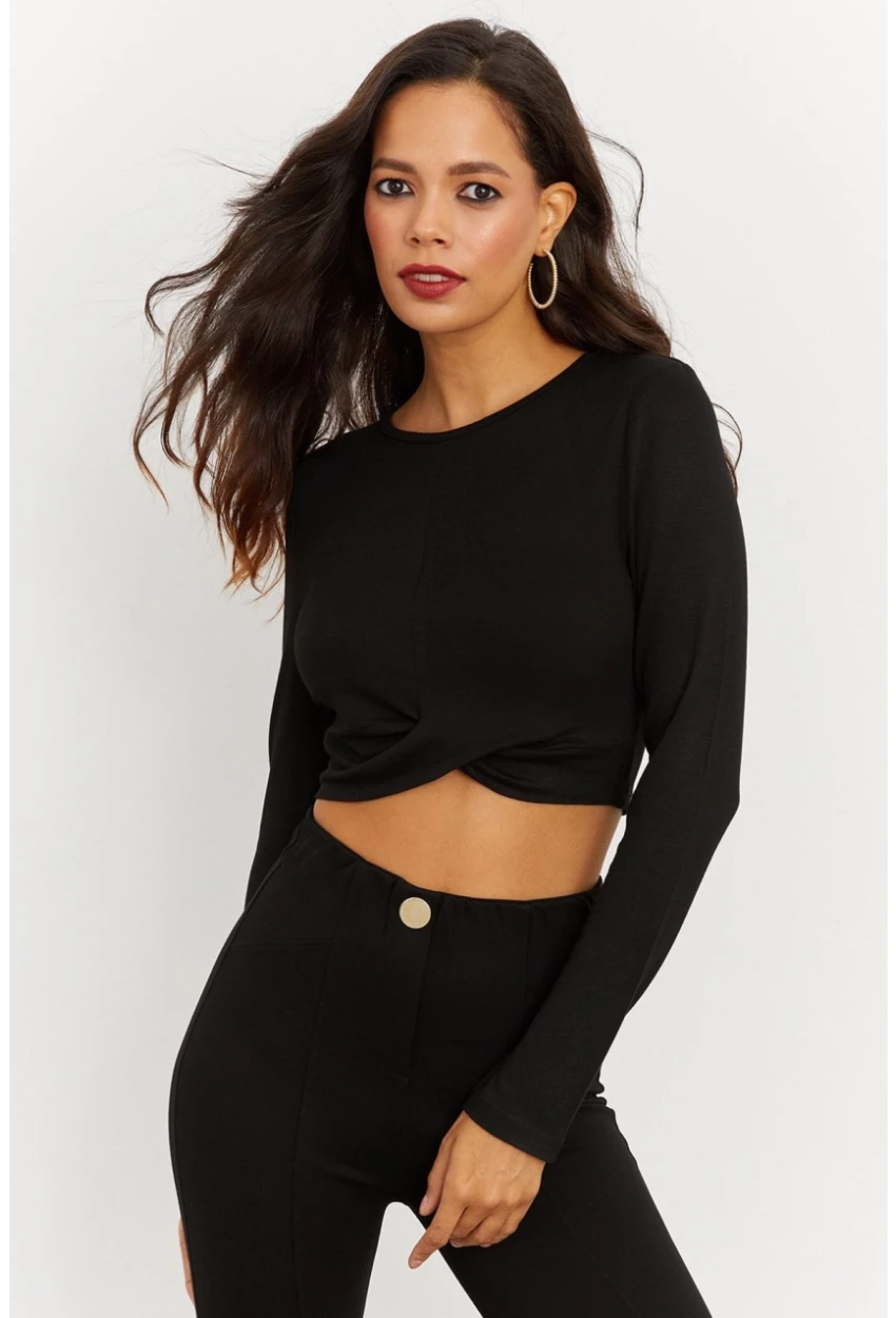 Kadın Siyah Önü Düğümlü Kısa Bluz B1877