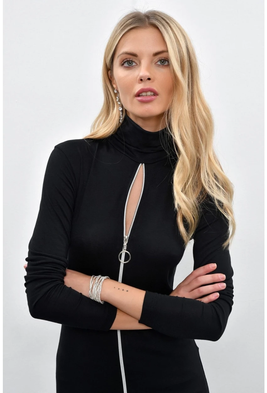 Kadın Siyah Önü Fermuarlı Balıkçı Bluz M1908