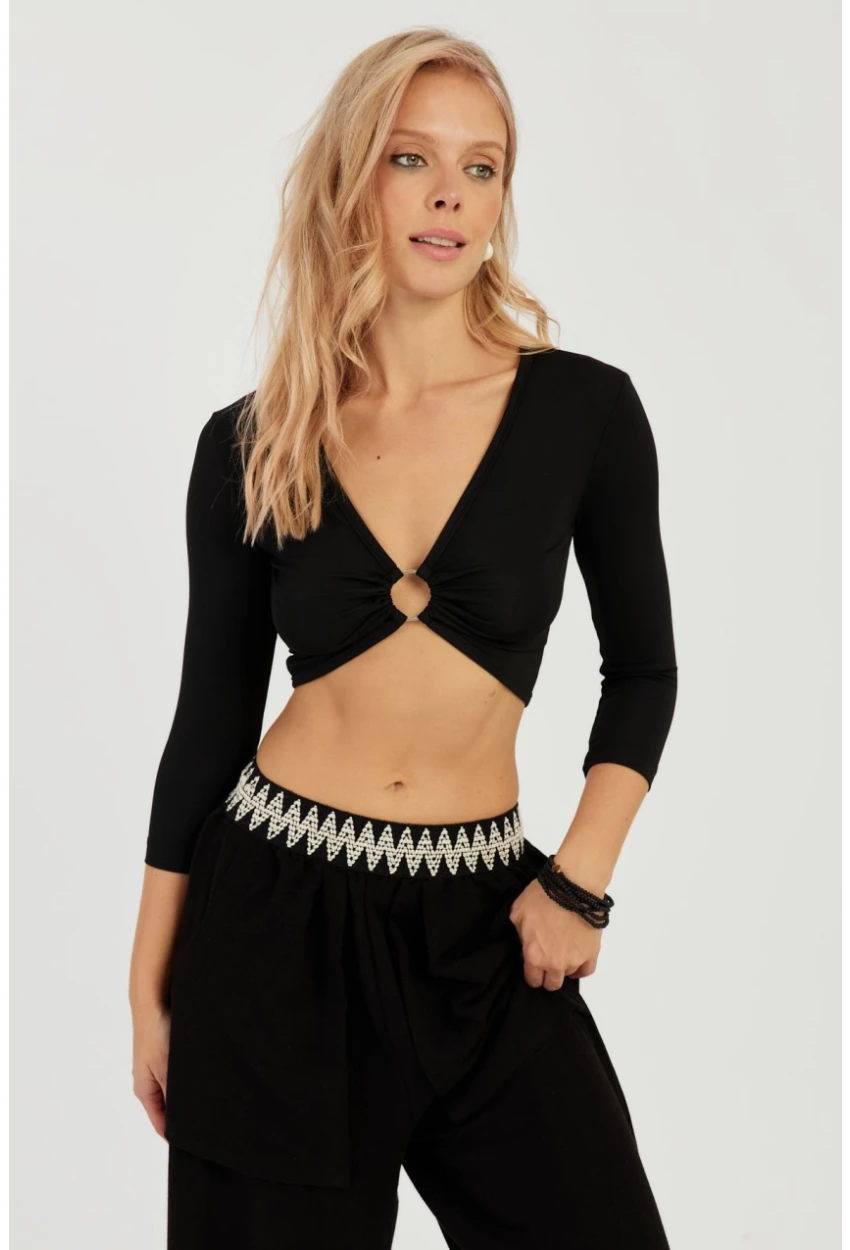 Kadın Siyah Önü Halkalı Crop Bluz EY2737