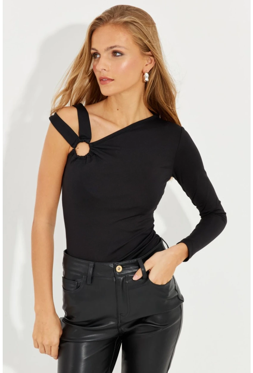 Kadın Siyah Önü Halkalı Tek Omuz Bluz EY2580