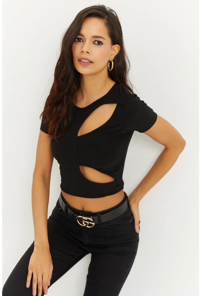 Kadın Siyah Önü Pencereli Crop Bluz ELT2670