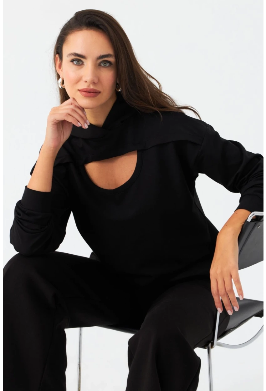 Kadın Siyah Önü Pencereli Kapüşonlu Sweatshirt TF38