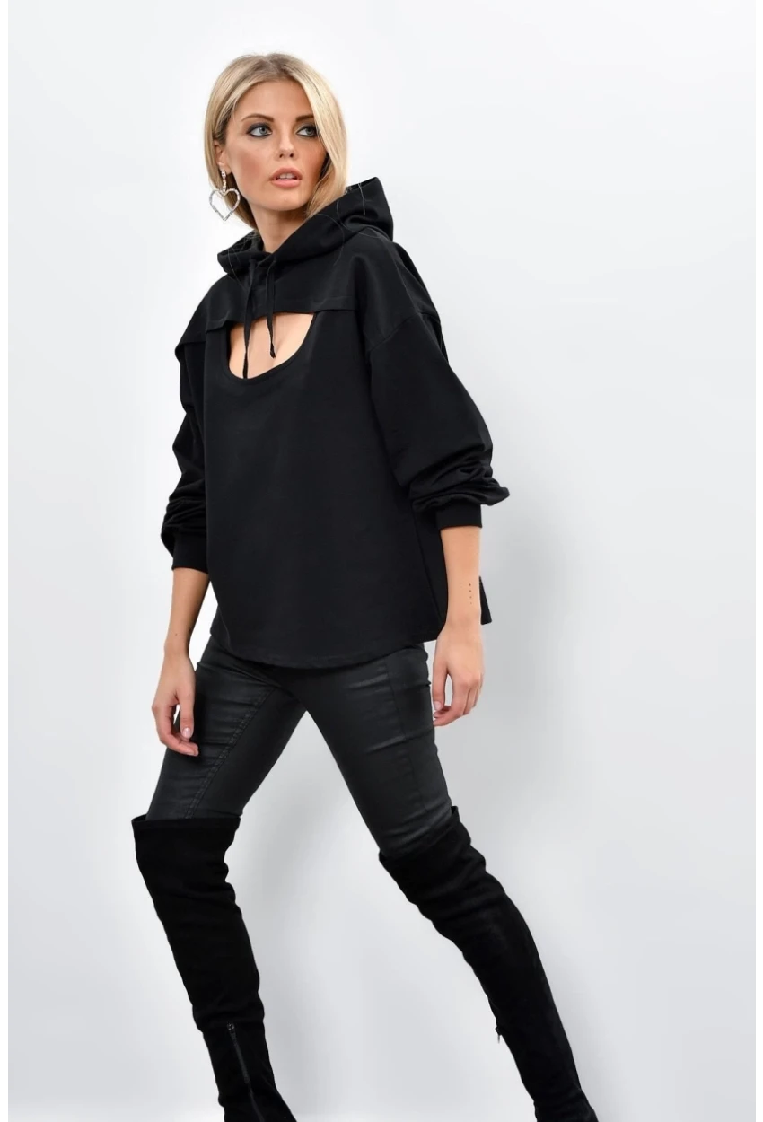 Kadın Siyah Önü Pencereli Kapüşonlu Sweatshirt Yİ1669