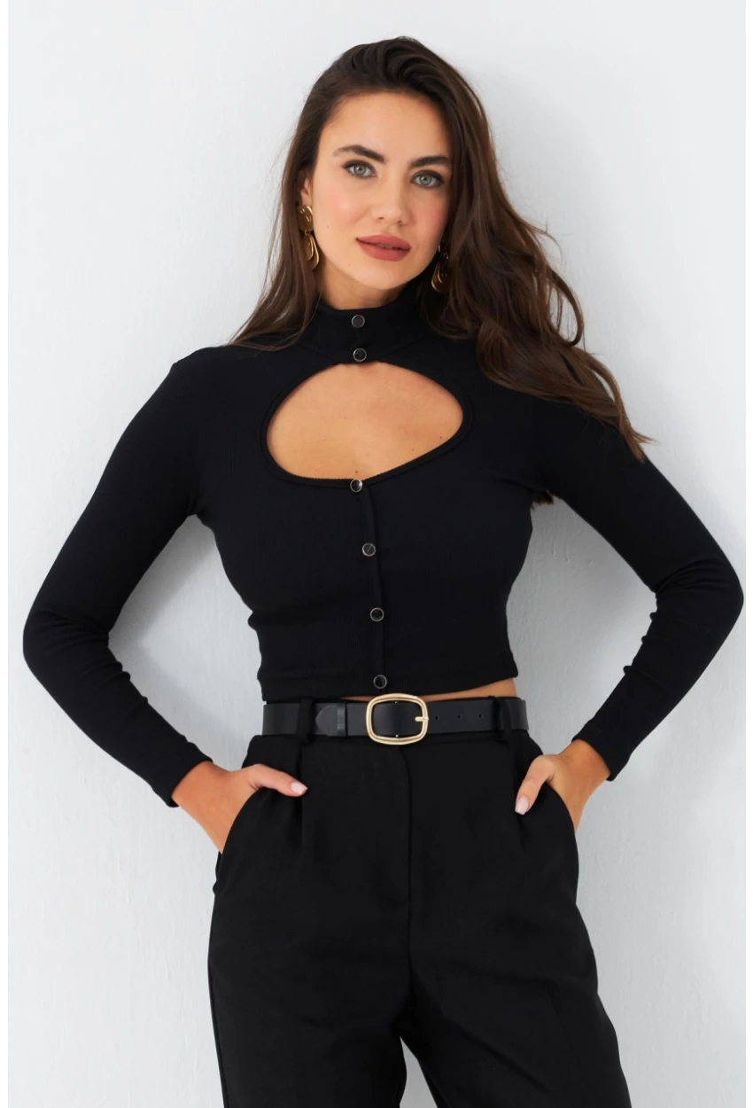 Kadın Siyah Önü Pencereli Kaşkorse Bluz EY2973