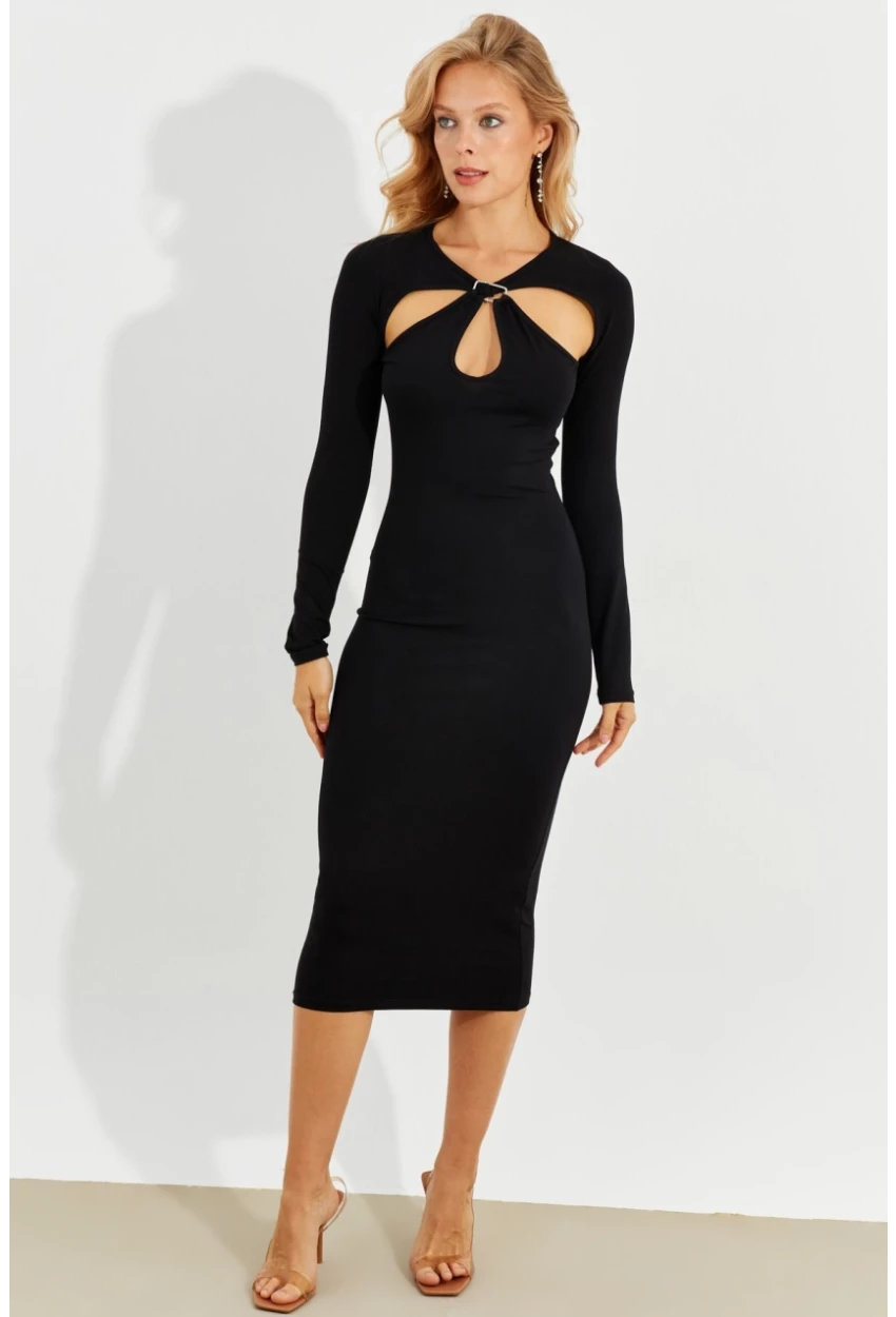 Kadın Siyah Önü Pencereli Midi Elbise B226