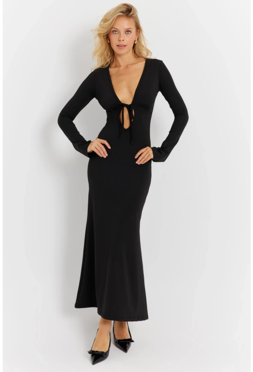 Kadın Siyah Önü Pencereli Midi Elbise EY2859