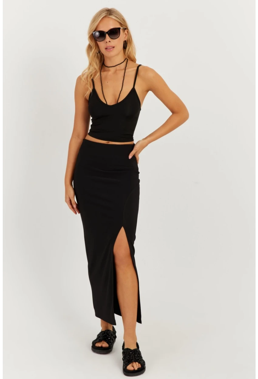 Kadın Siyah Otoman Midi Etek CK150