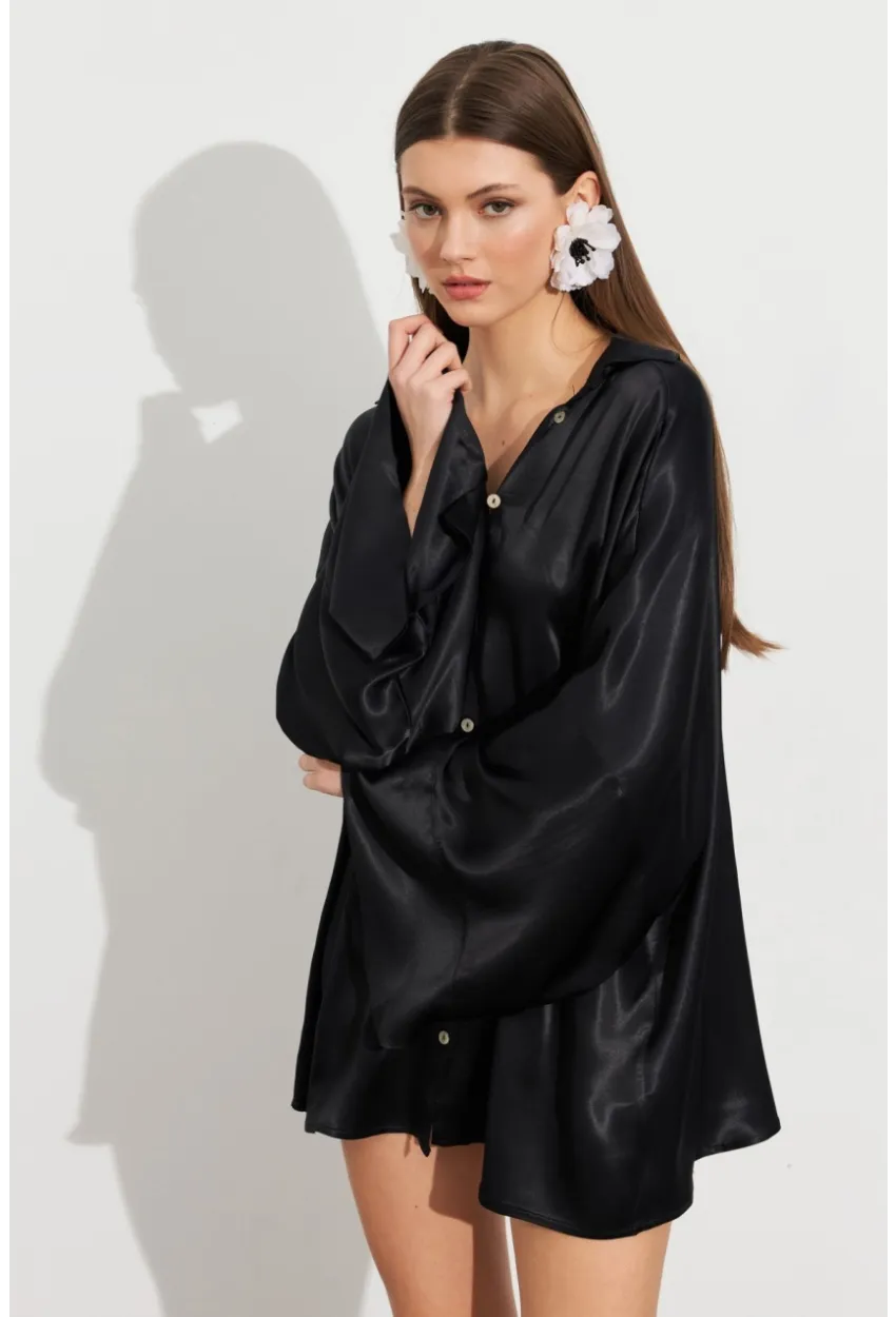 Kadın Siyah Oversize Gömlek ROP106