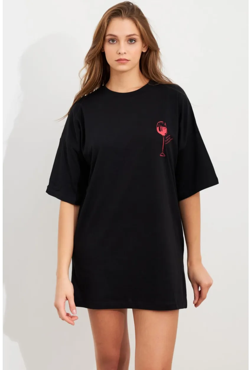 Kadın Siyah Oversize Pijama T-Shirt TPG14