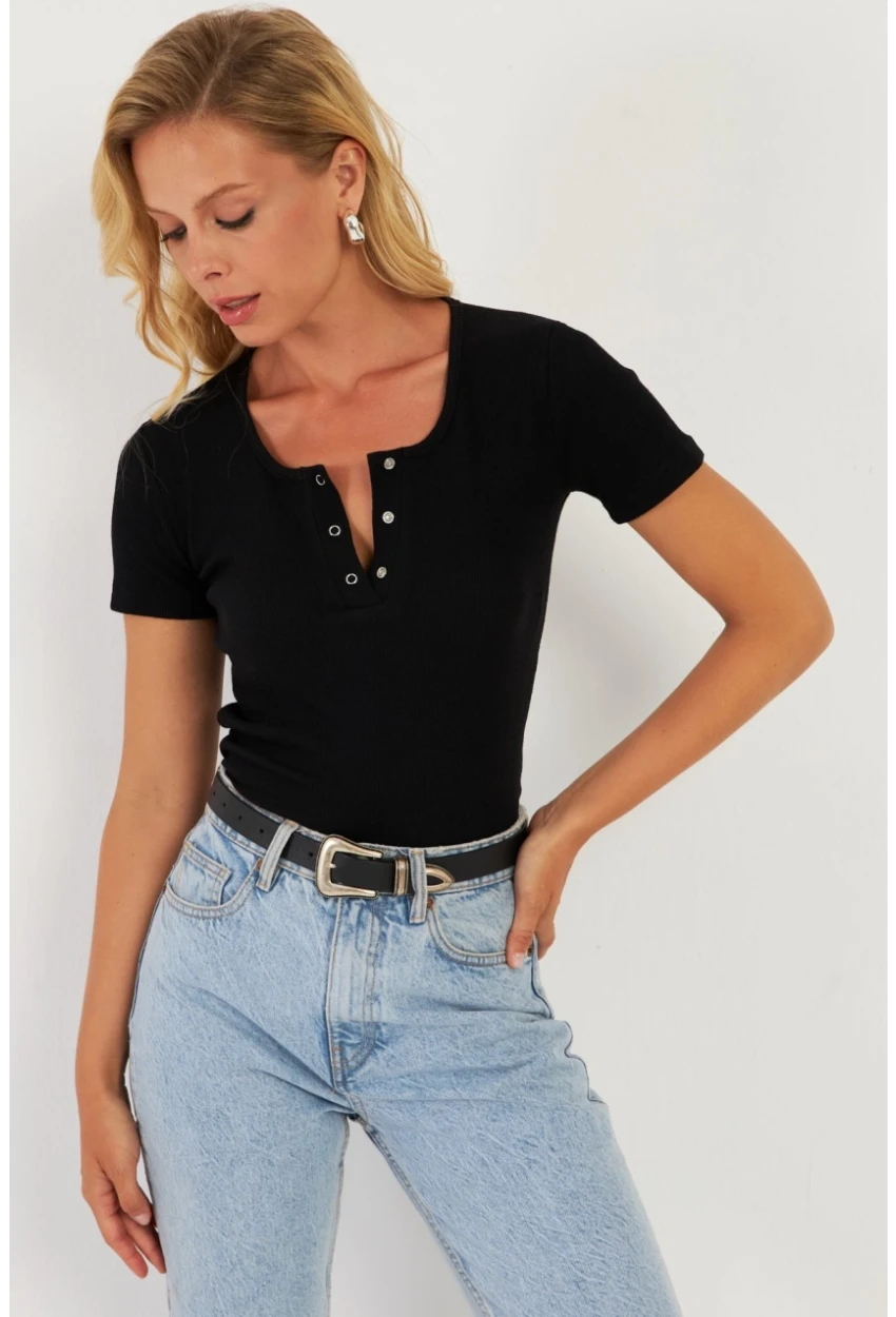 Kadın Siyah Patlı Kaşkorse Bluz XL2021