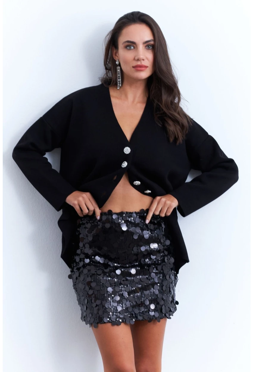 Kadın Siyah Payetli Astarlı Mini Etek YNT2442