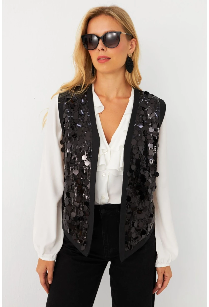 Kadın Siyah Payetli Yelek QS5938