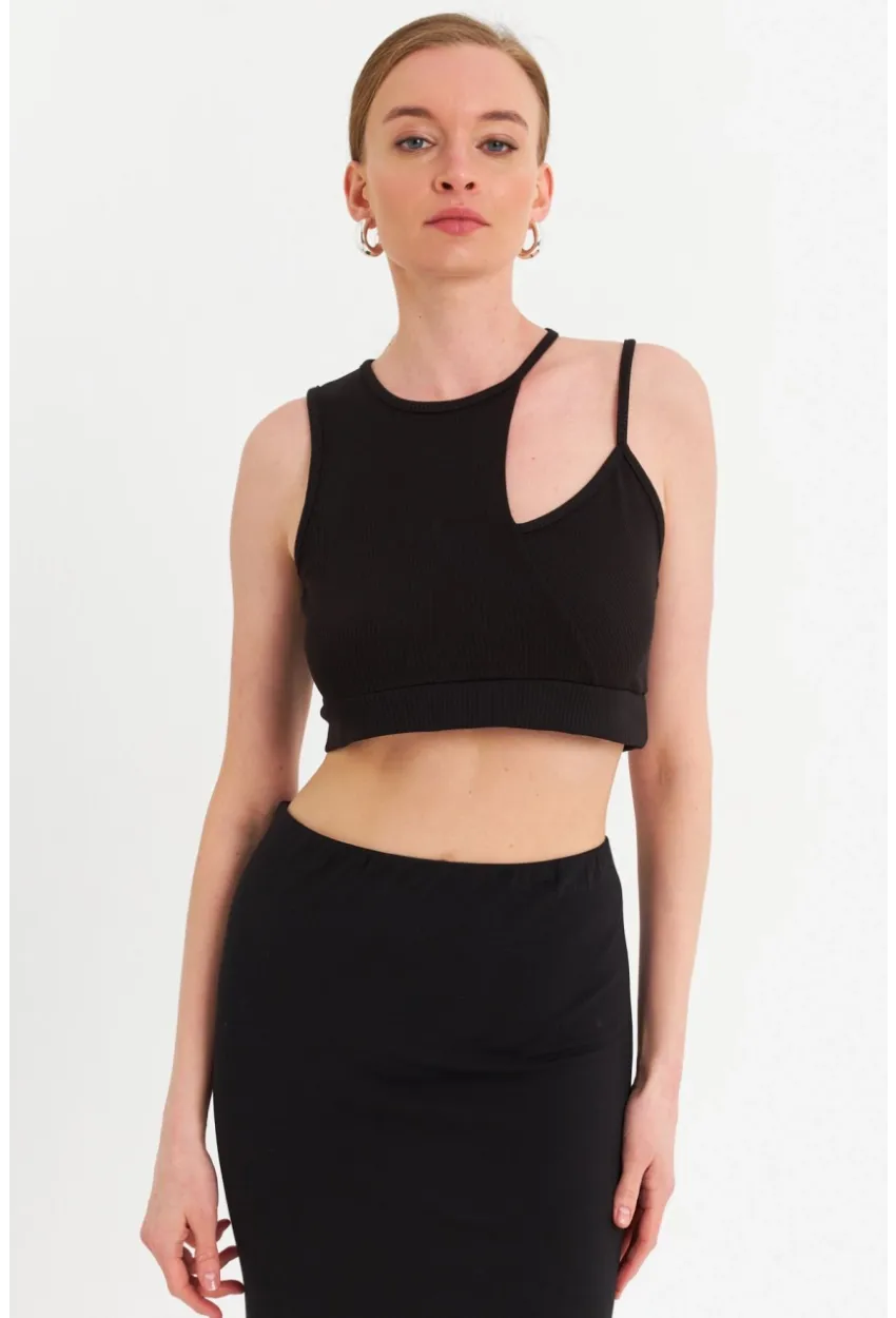 Kadın Siyah Pencereli Crop Bluz UR875