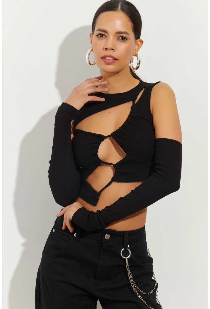 Kadın Siyah Pencereli Kaşkorse Crop Bluz B2403