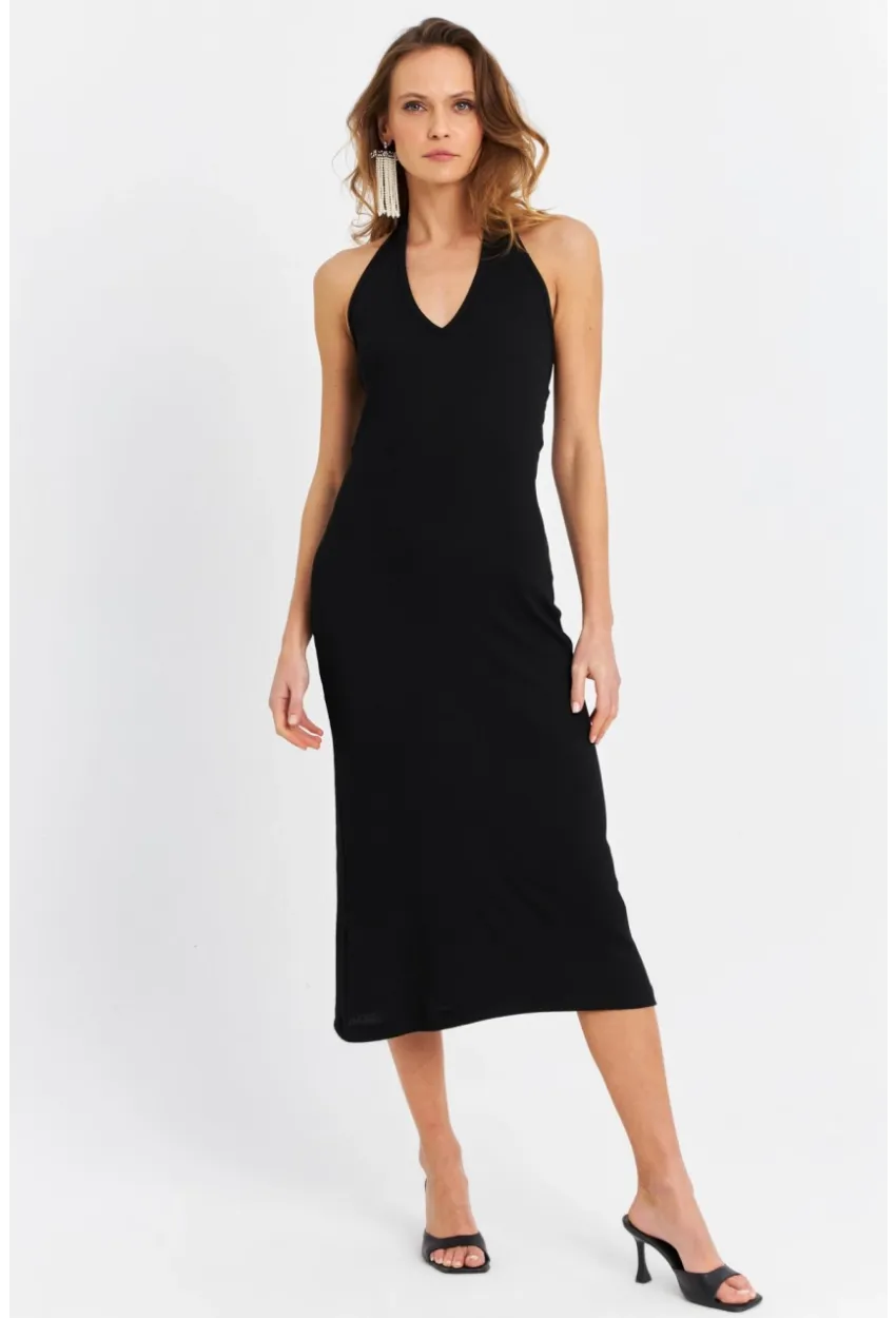 Kadın Siyah Pencereli Kaşkorse Midi Elbise EY3063