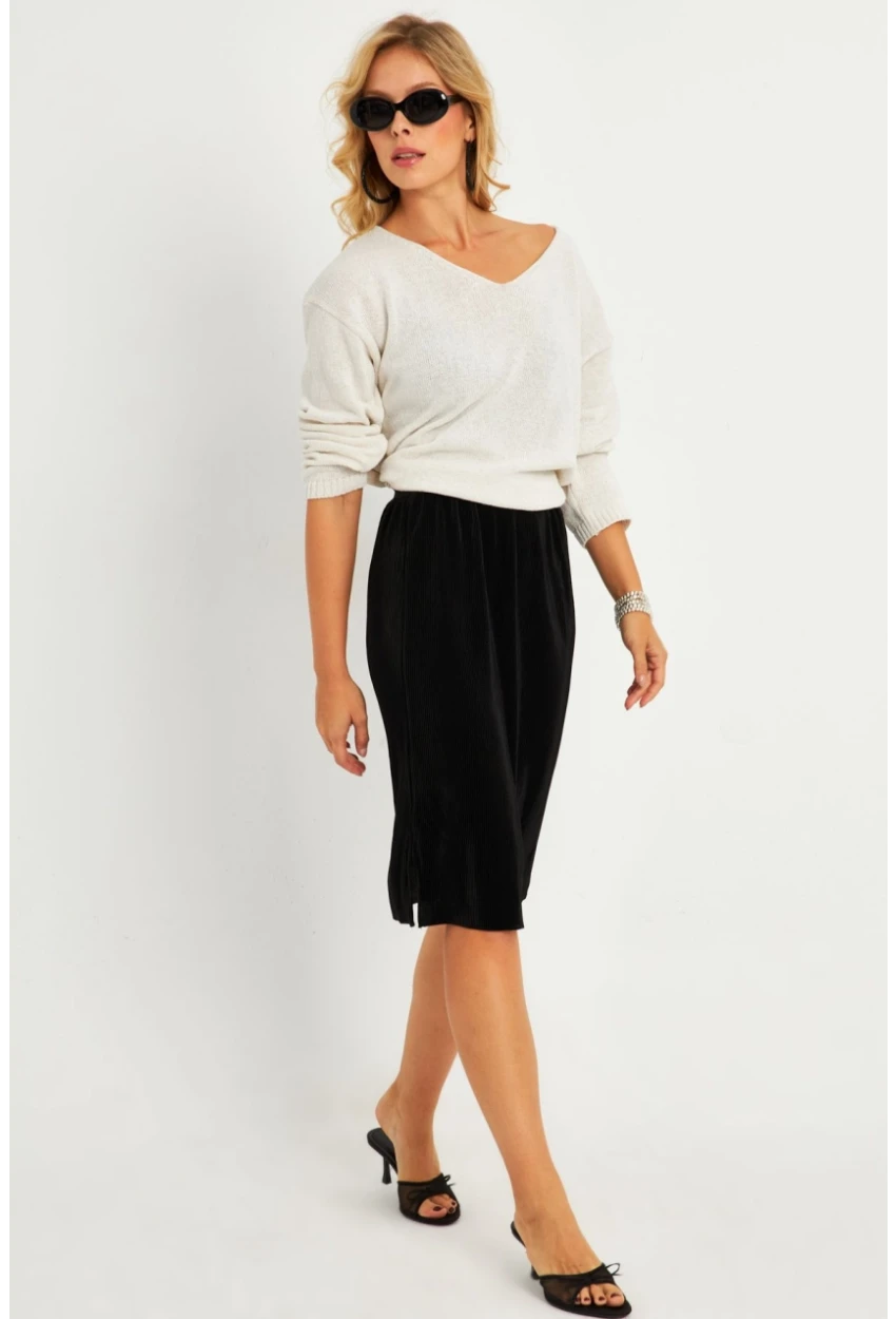 Kadın Siyah Pileli Beli Lastikli Etek TF06