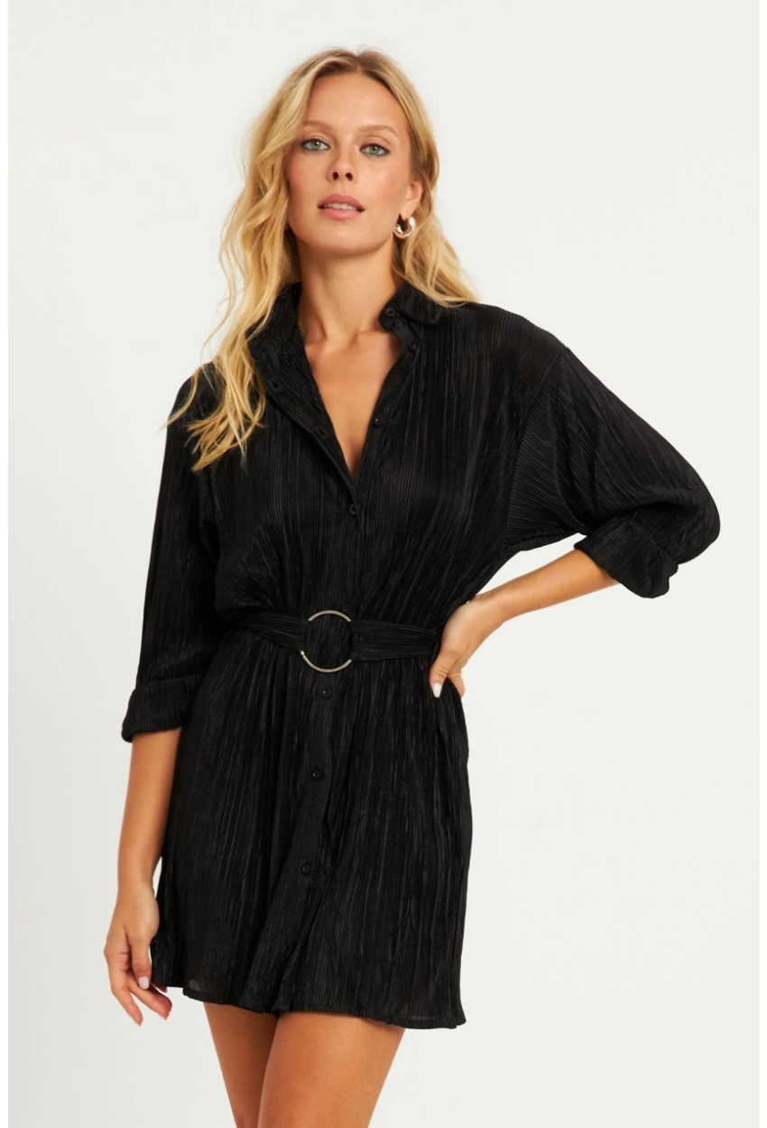 Kadın Siyah Piliseli Kemerli Mini Elbise TW70124-90