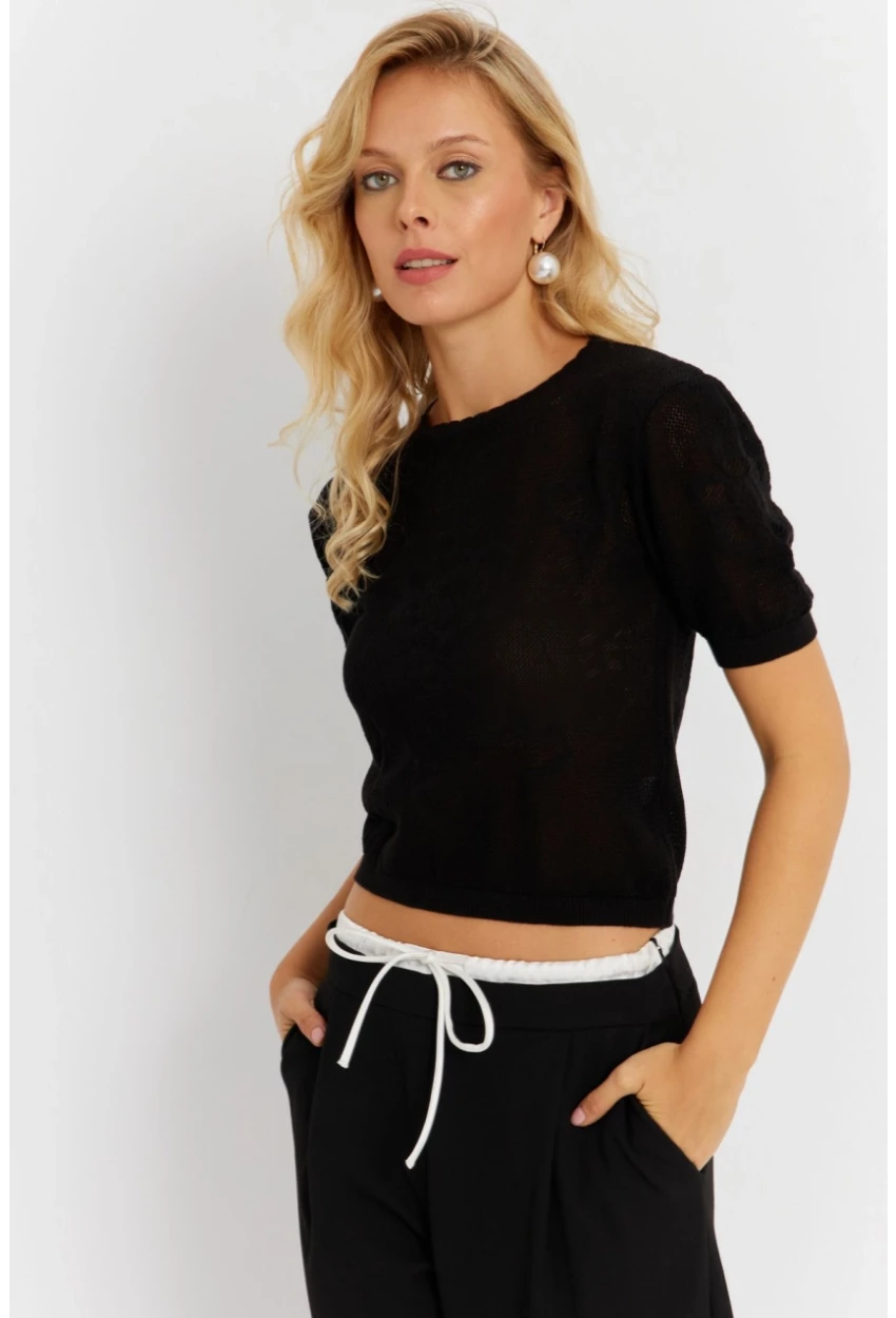 Kadın Siyah Pointelle Triko Bluz KZ3197