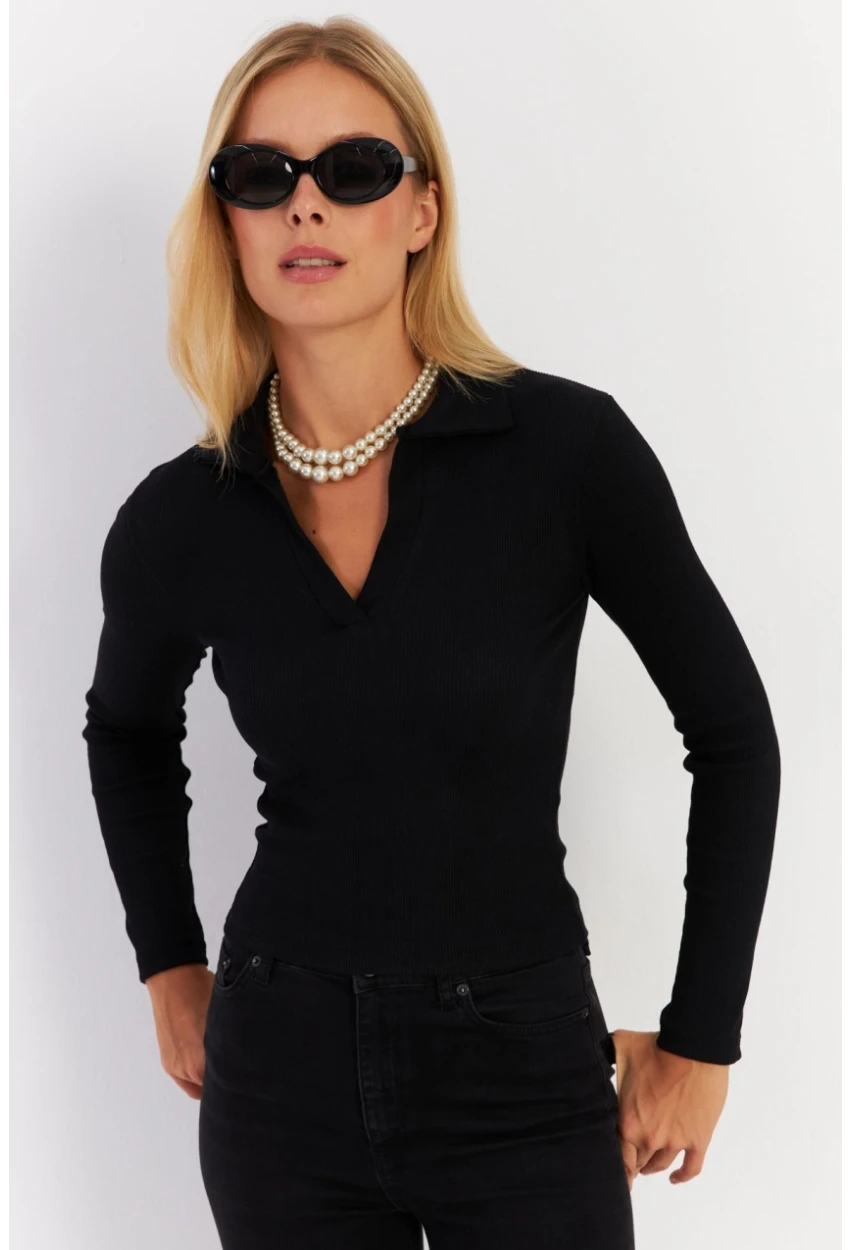 Kadın Siyah Polo Yaka Kaşkorse Bluz LON3006
