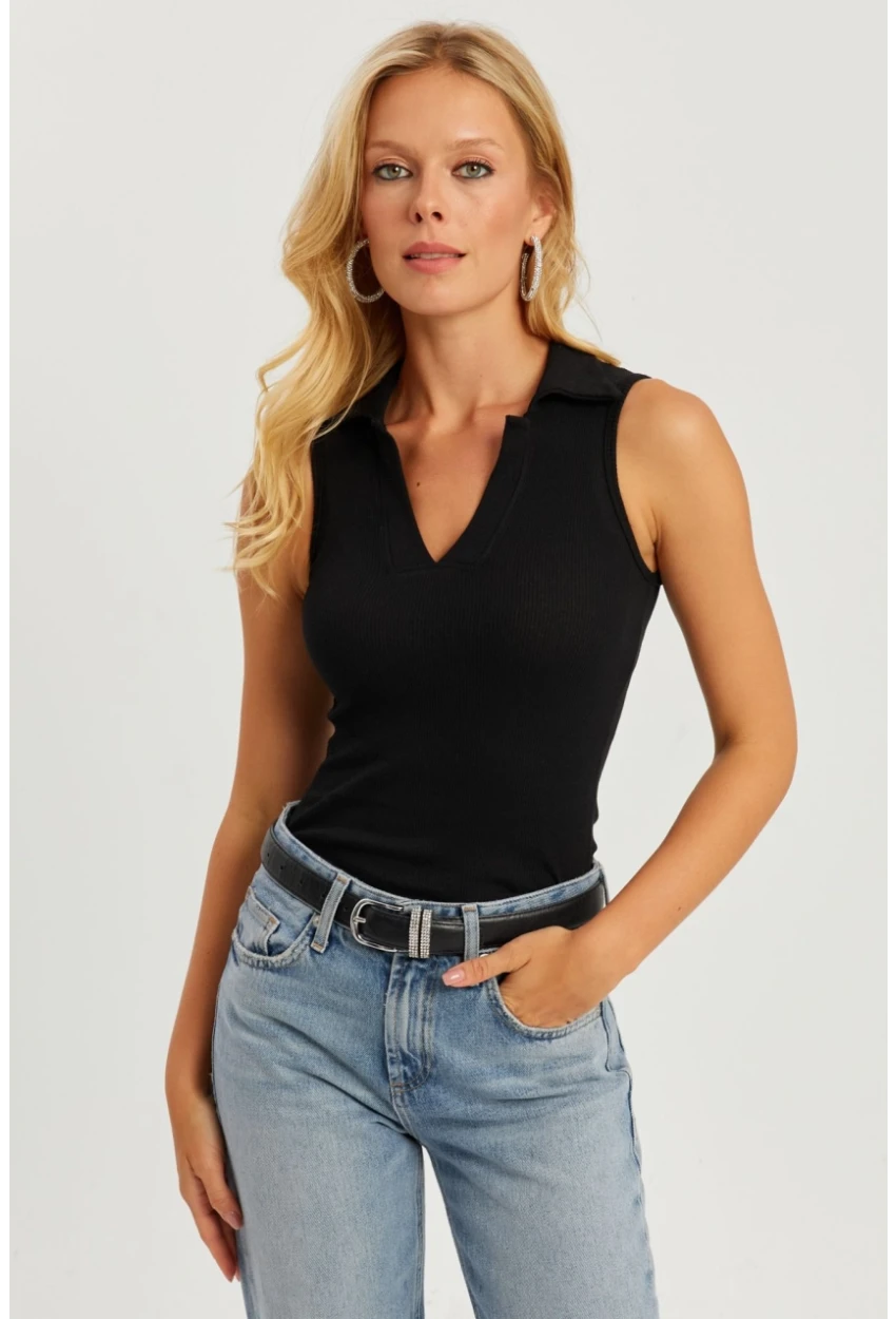 Kadın Siyah Polo Yaka Kaşkorse Bluz MK10