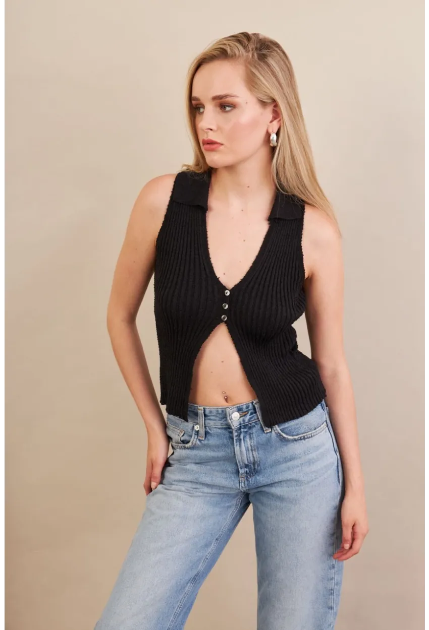 Kadın Siyah Polo Yaka Yumoş Yelek ZH050