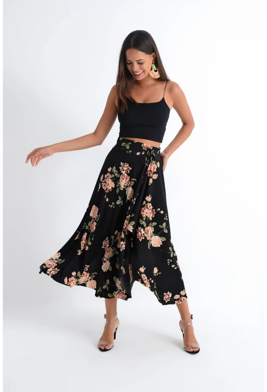 Kadın Siyah-Pudra Asimetrik Etek LV81