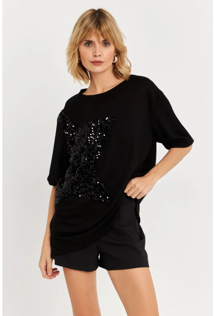 Kadın Siyah Pul Detaylı Tunik ST190