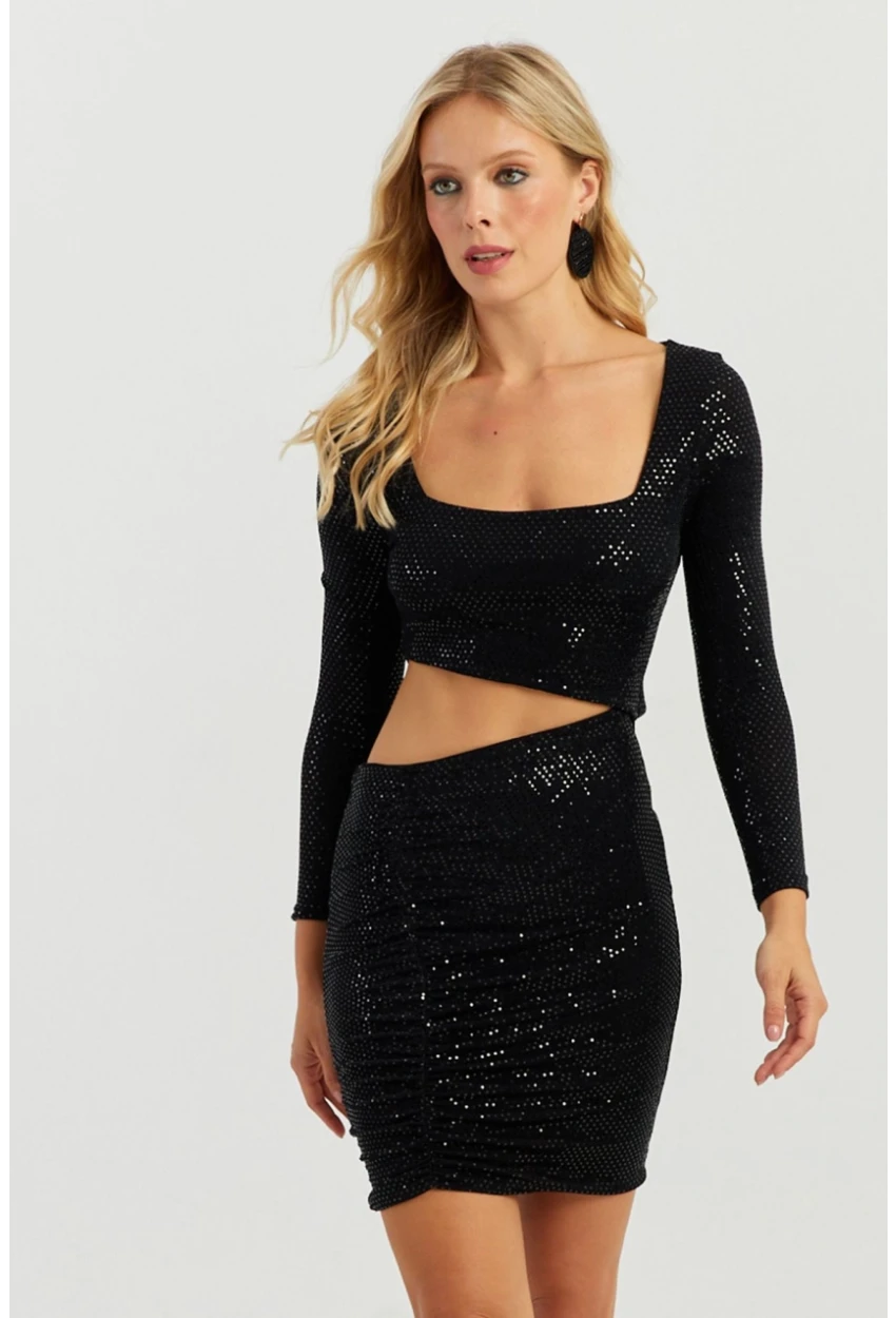 Kadın Siyah Pullu Mini Elbise KED146