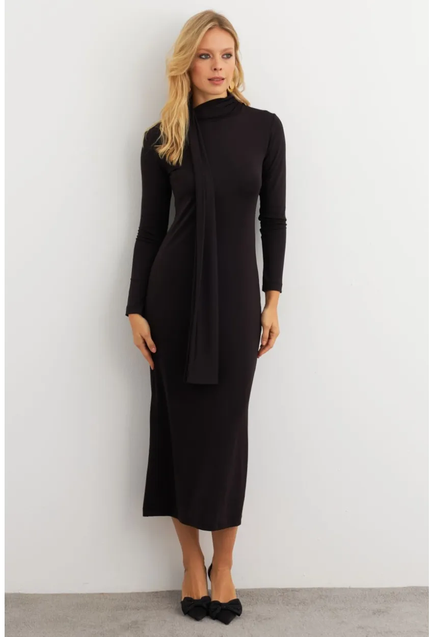 Kadın Siyah Şal Detaylı Midi Elbise MEY3010