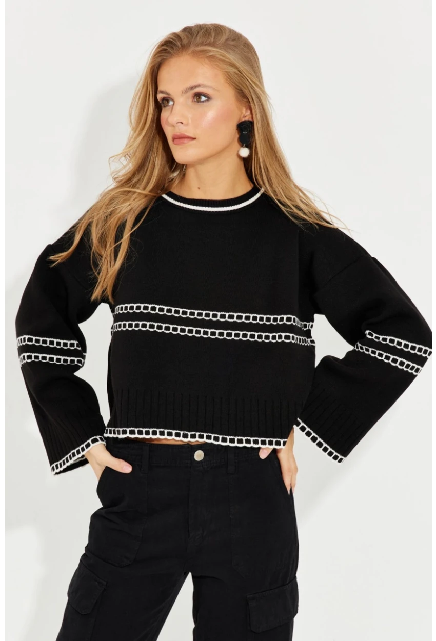 Kadın Siyah Salaş Triko Kısa Kazak YZ518