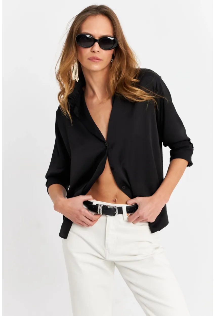 Kadın Siyah Saten Gömlek ELT8051