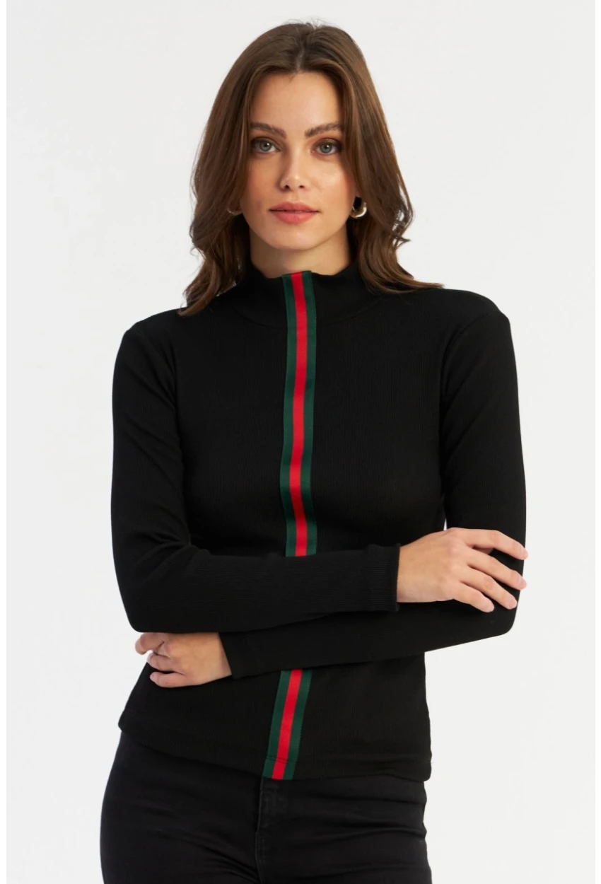 Kadın Siyah Şerit Bantlı Kaşkorse Bluz EY2948