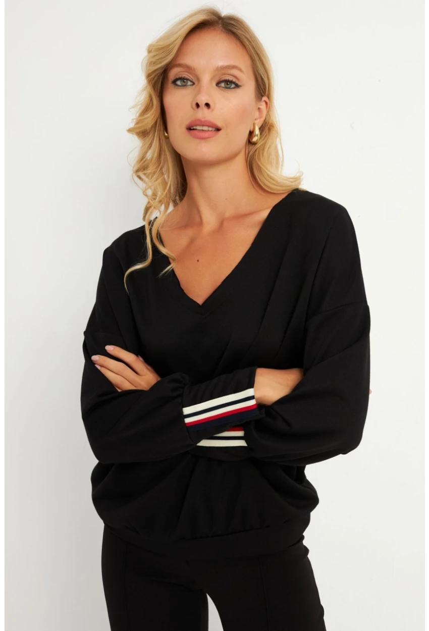 Kadın Siyah Şerit Detaylı V Yaka Sweatshirt  EY2905