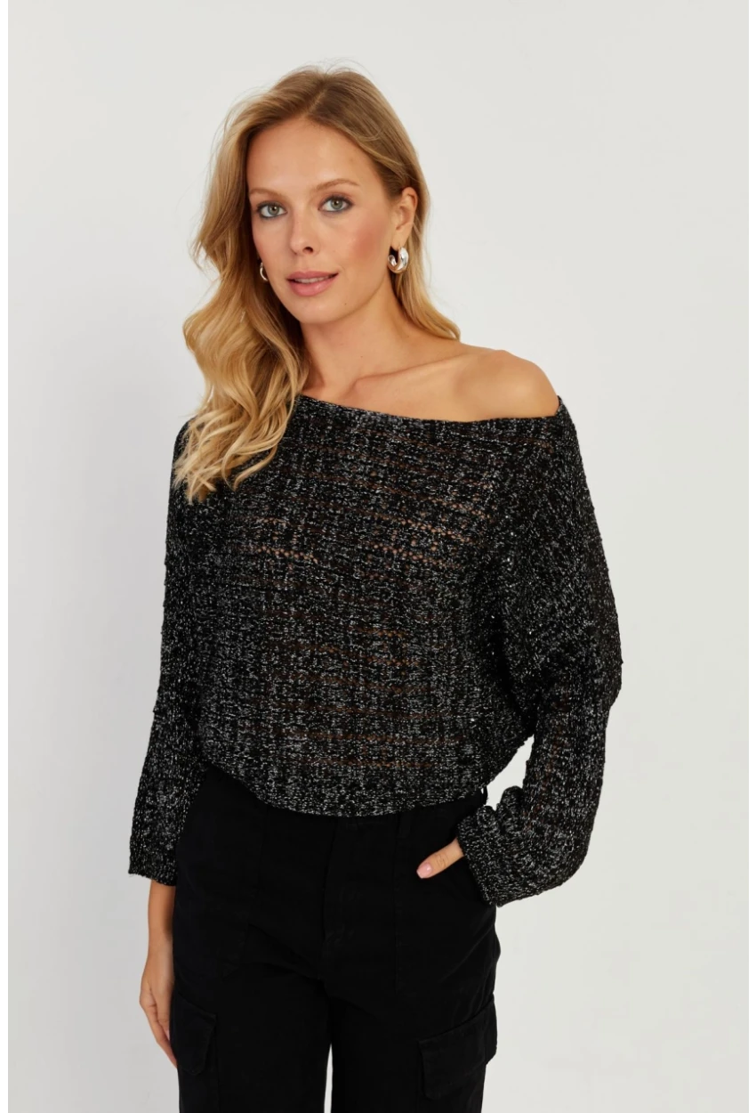 Kadın Siyah Simli Ajurlu Triko Bluz YZ403