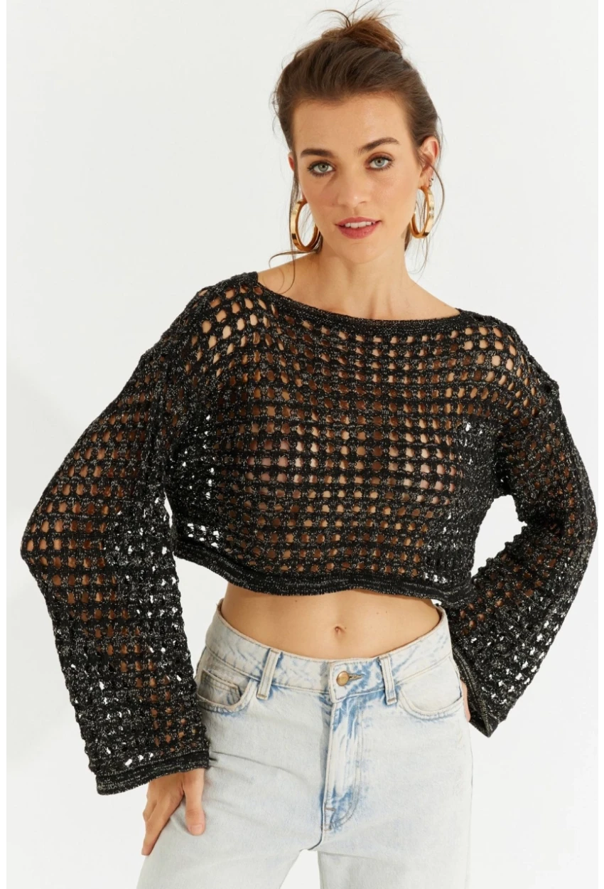 Kadın Siyah Simli Ajurlu Triko Kısa Bluz YV141