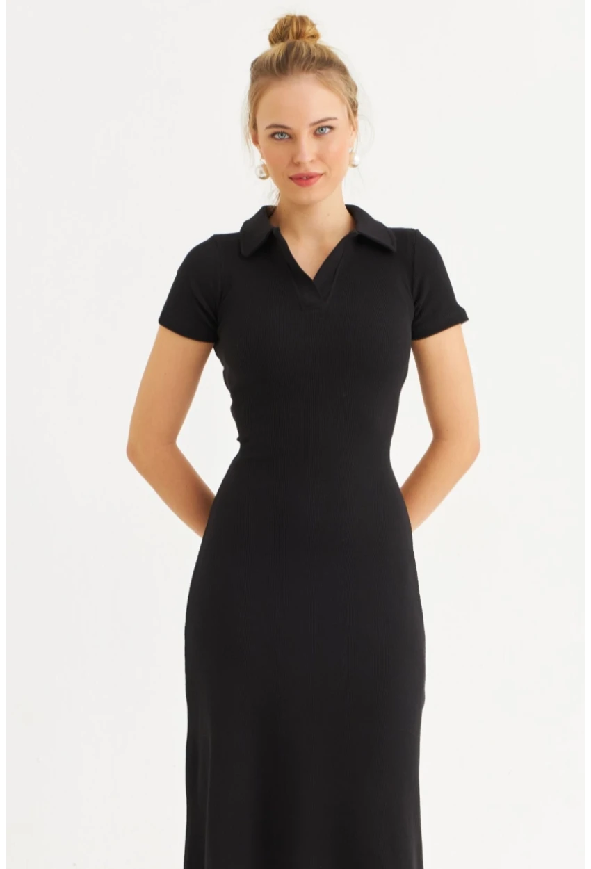 Kadın Siyah Sırt Bağlamalı Kaşkorse Midi Elbise MFRY0001