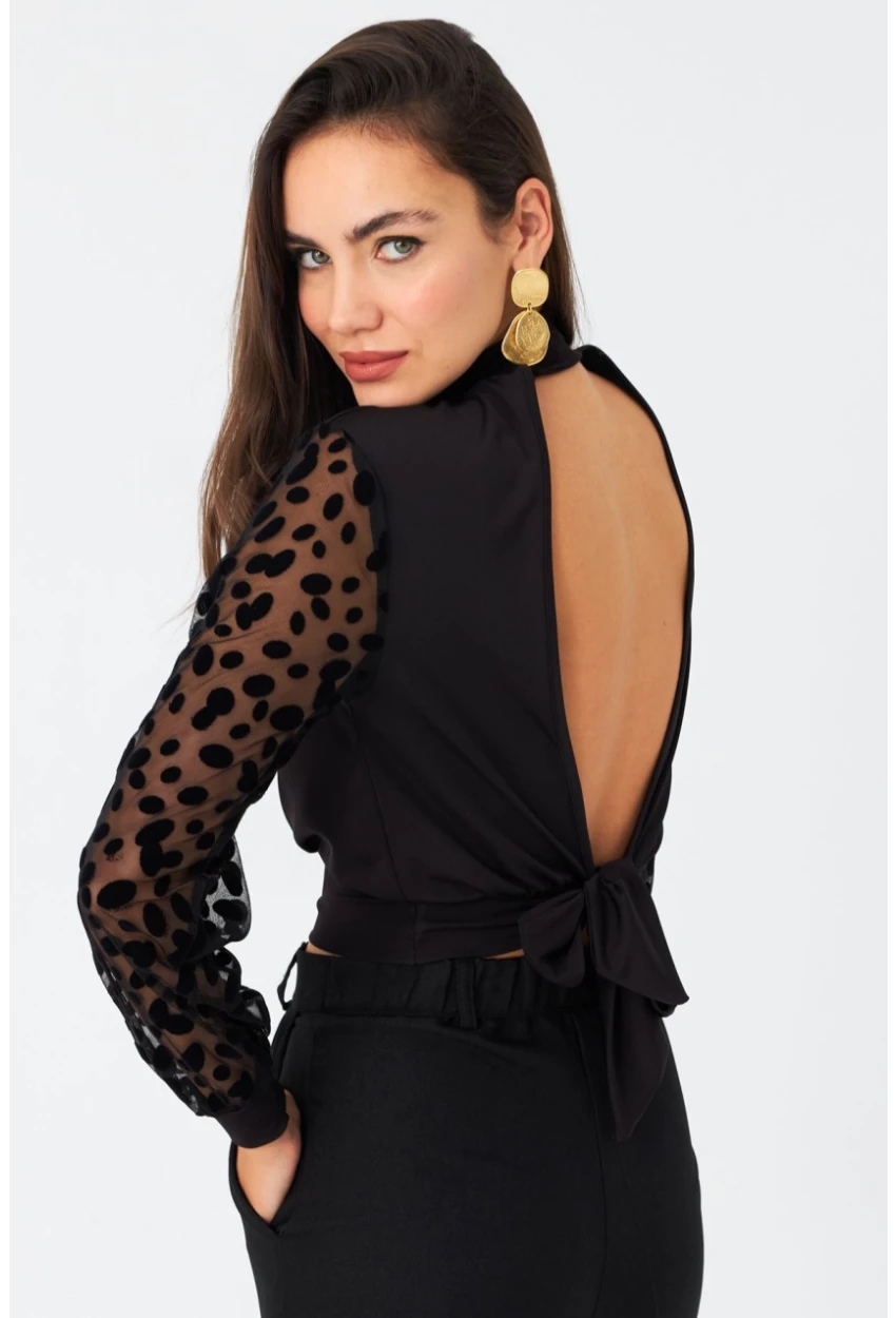 Kadın Siyah Sırt Bağlamalı Kolları Tül Bluz TF41