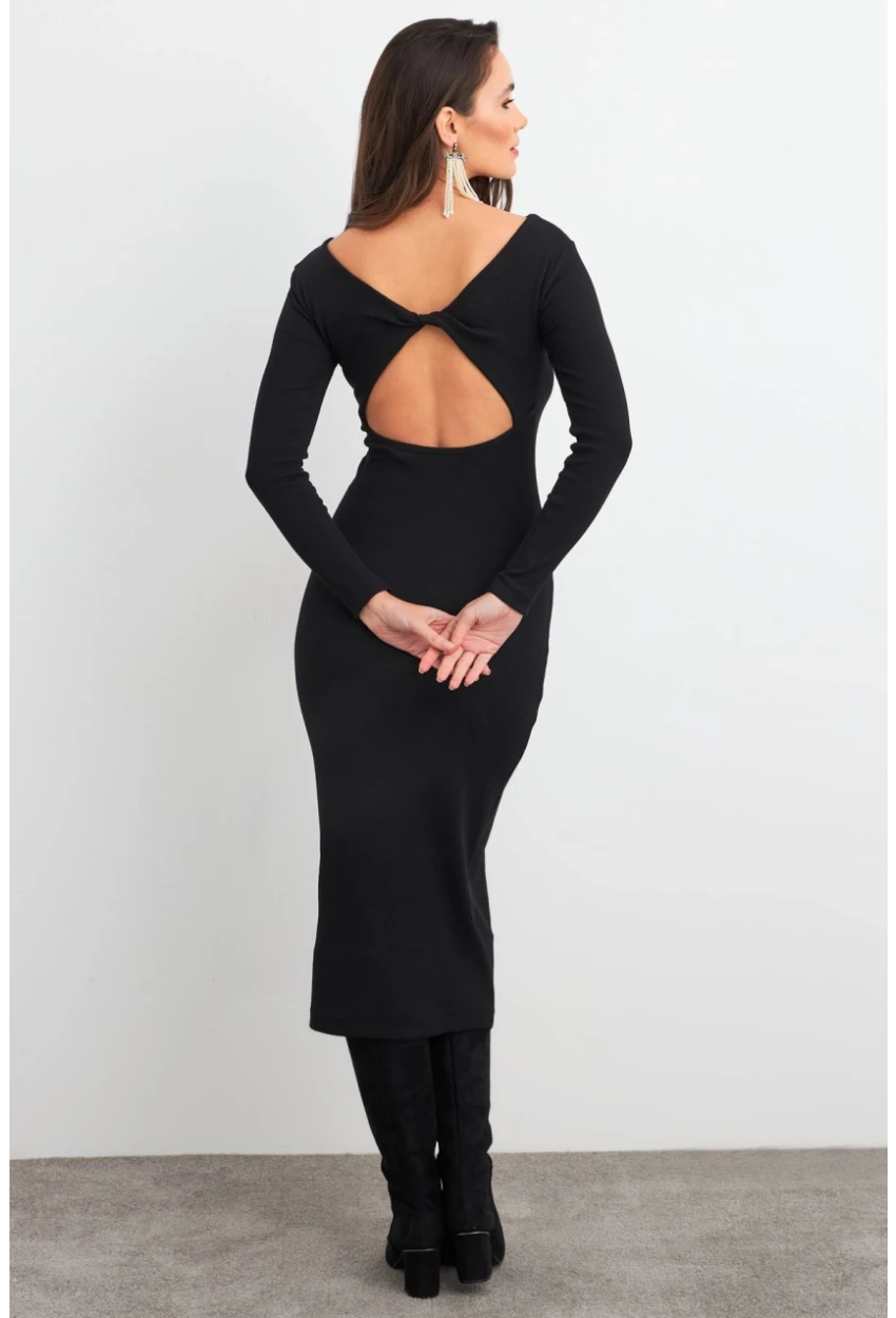 Kadın Siyah Sırt Dekolteli Kaşkorse Midi Elbise EY3029