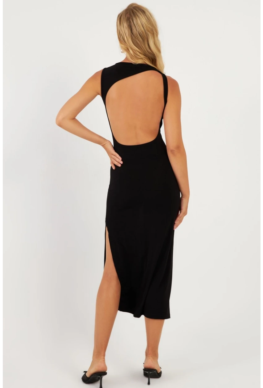 Kadın Siyah Sırt Dekolteli Midi Elbise DMR692