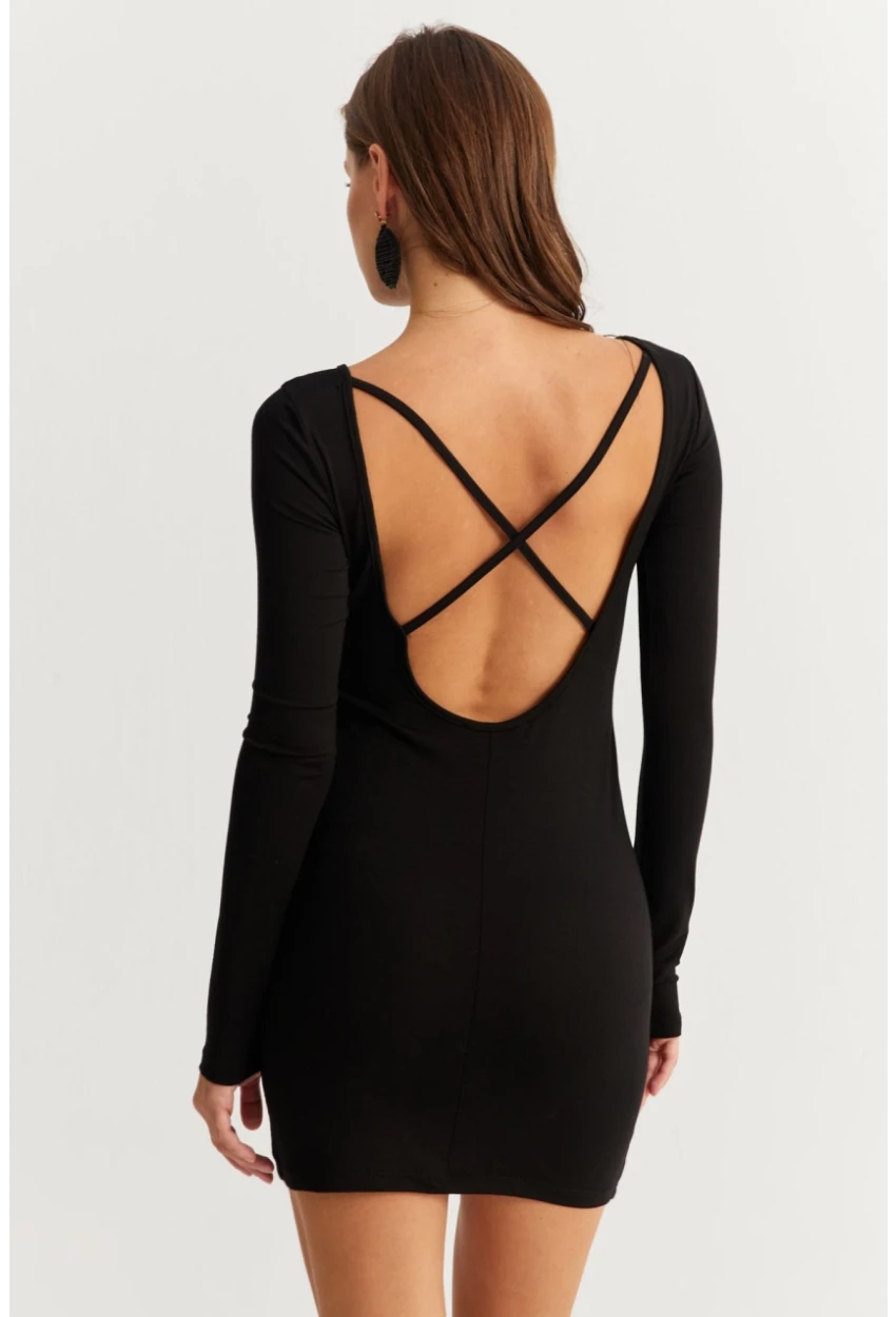 Kadın Siyah Sırt Dekolteli Mini Elbise HOR36